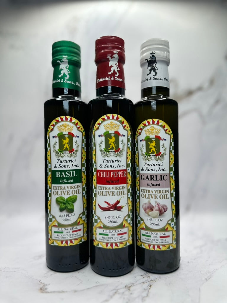 TRIS VARIETY PACK: Profumi Delle Stagioni ESTATE Infused Olive Oils: Basil, Chili Pepper, Garlic