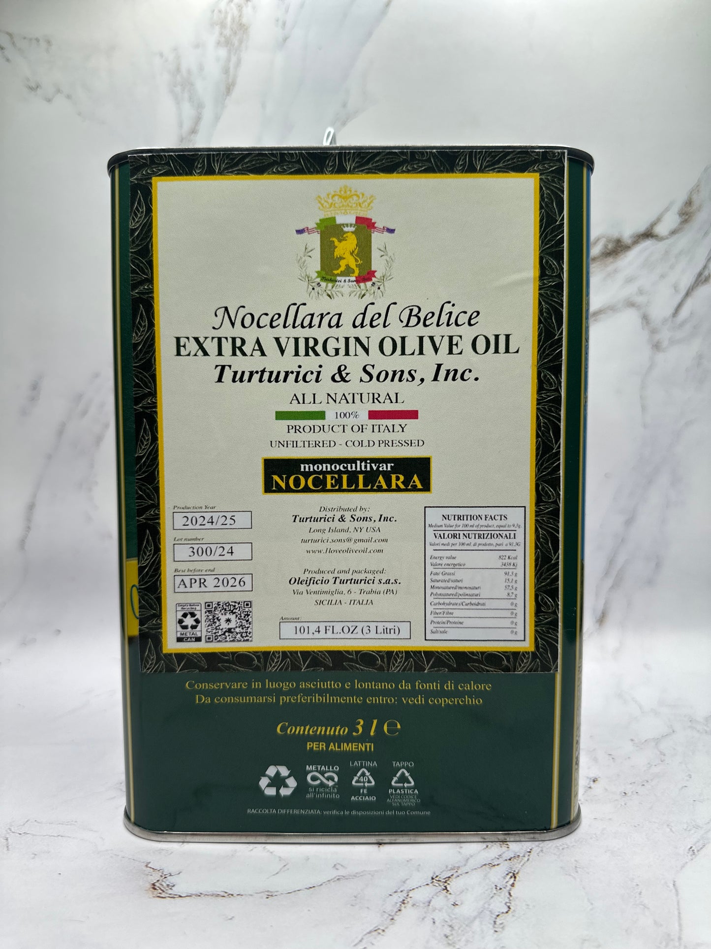 NOCELLARA DEL BELICE Extra Virgin Olive Oil: Robusto: (3 Liter Aluminum Can)
