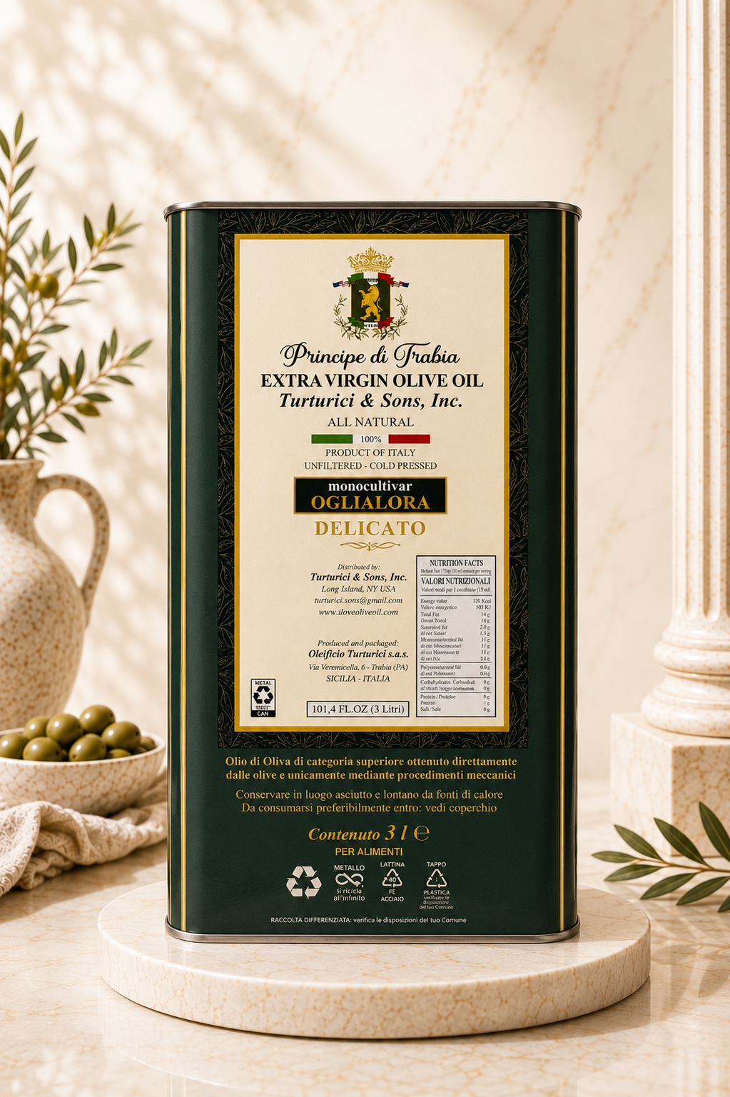 Oglialora Extra Virgin Olive Oil 3L Aluminum Can
