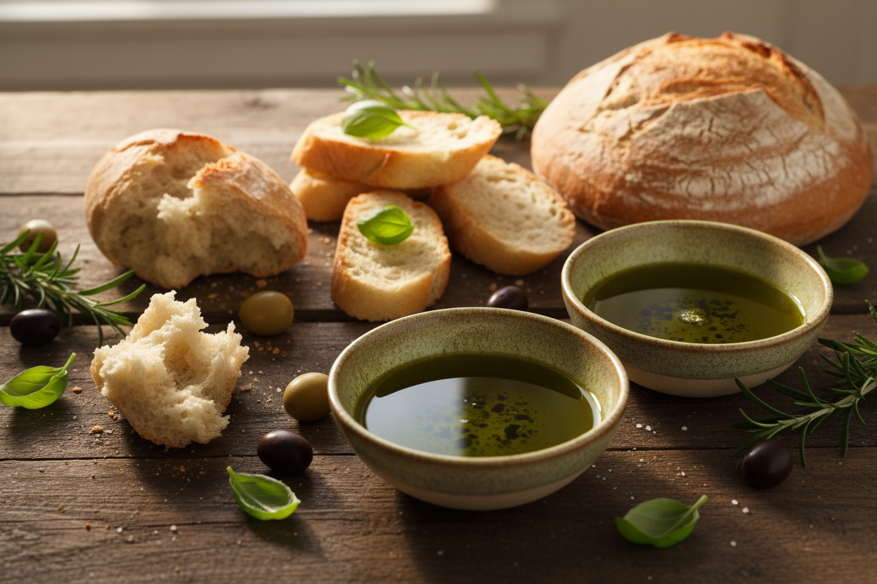 breads with green olive oil dips