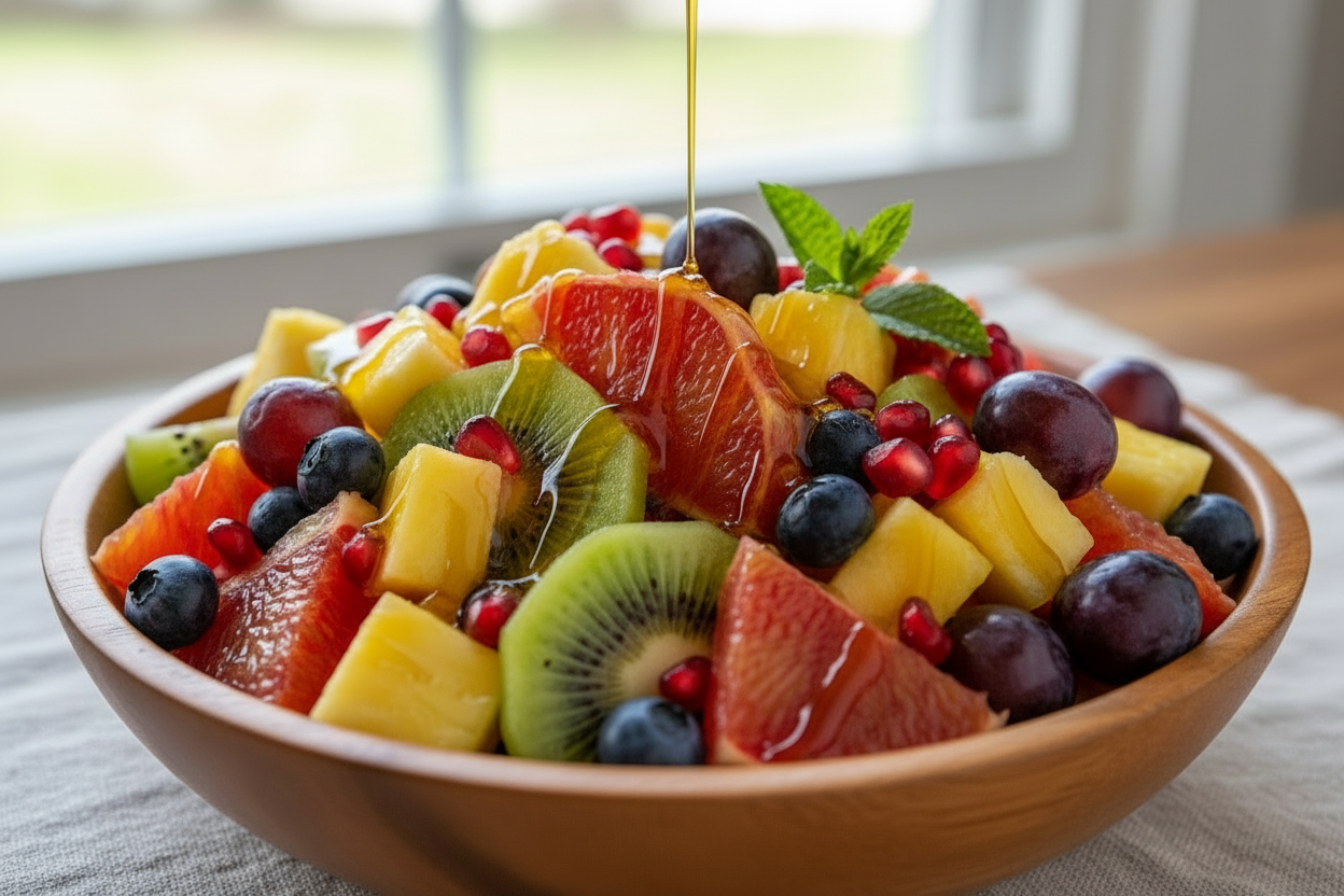 make a bowl of fruit with blood orange olive oil drizzled  on top